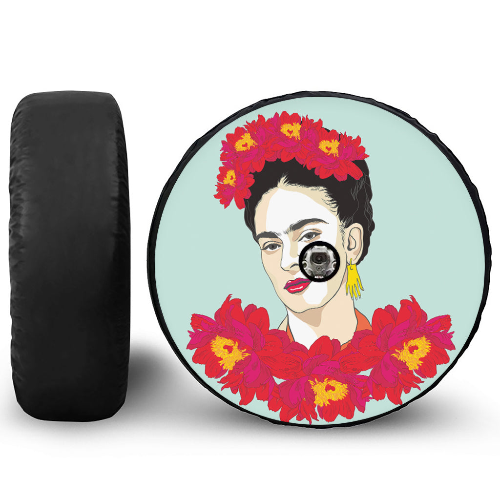 Frida Kahlo And Floral Print Tire Cover With Camera Hole