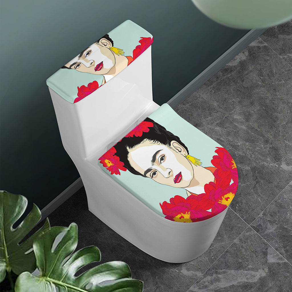 Frida Kahlo And Floral Print Toilet Lid And Tank Cover Set