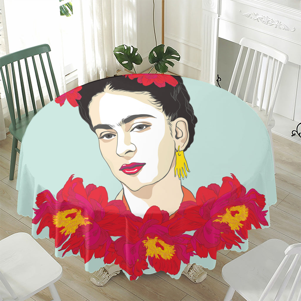 Frida Kahlo And Floral Print Waterproof Round Tablecloth
