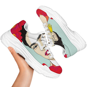 Frida Kahlo And Floral Print White Chunky Shoes