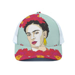 Frida Kahlo And Floral Print White Mesh Trucker Cap