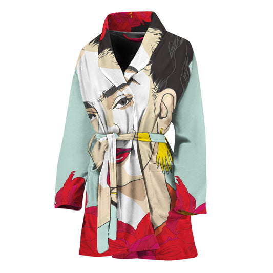 Frida Kahlo And Floral Print Women's Bathrobe