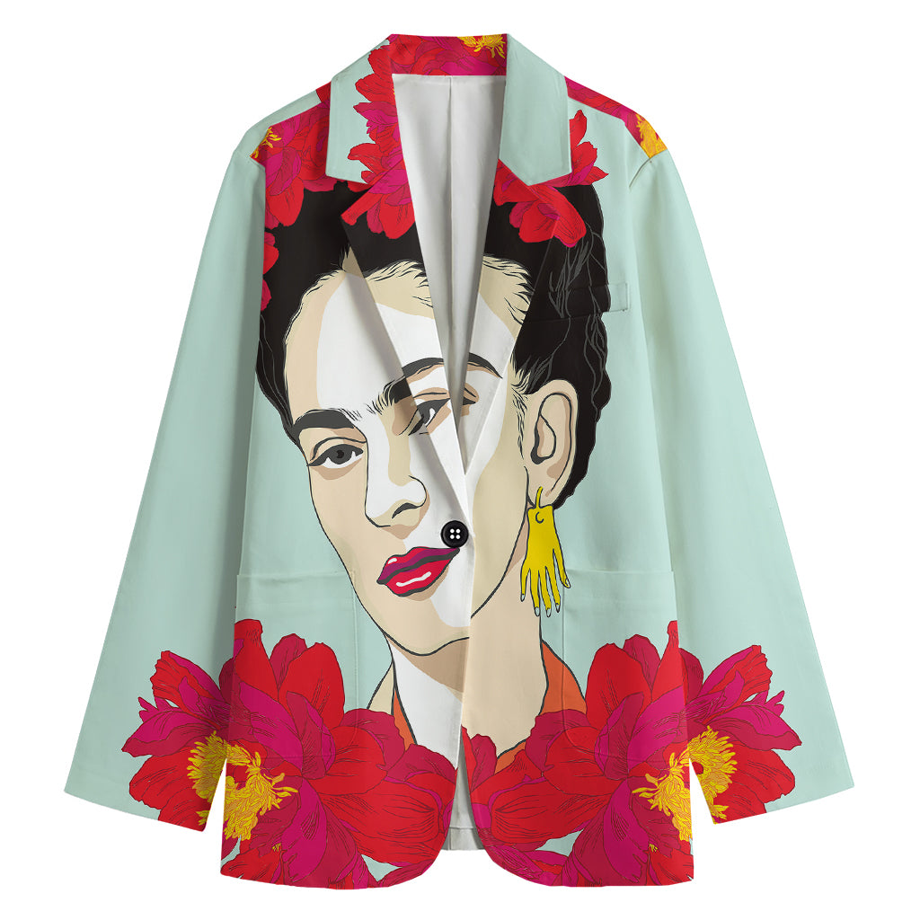 Frida Kahlo And Floral Print Women's Cotton Blazer