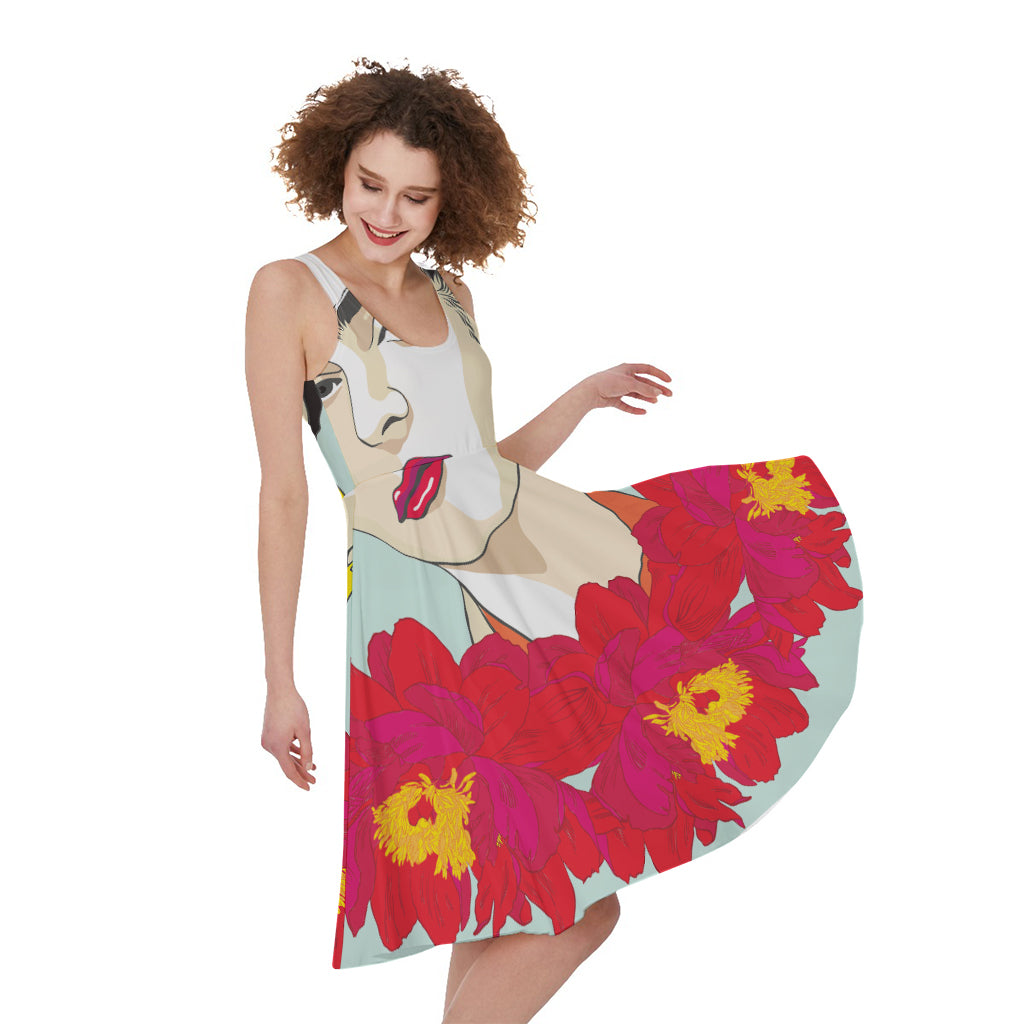 Frida Kahlo And Floral Print Women's Sleeveless Dress