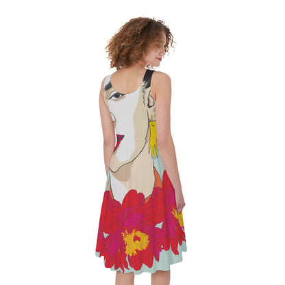 Frida Kahlo And Floral Print Women's Sleeveless Dress