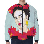 Frida Kahlo And Floral Print Zip Sleeve Bomber Jacket