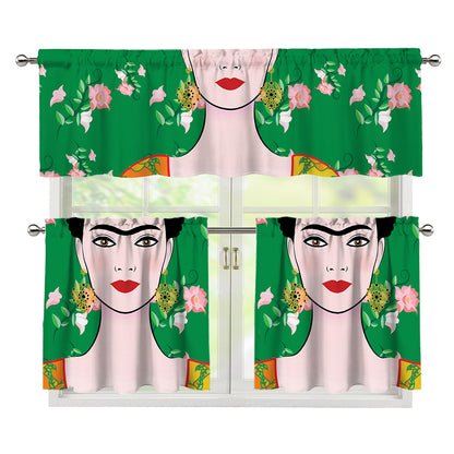 Frida Kahlo And Pink Floral Print 3 Piece Kitchen Curtains
