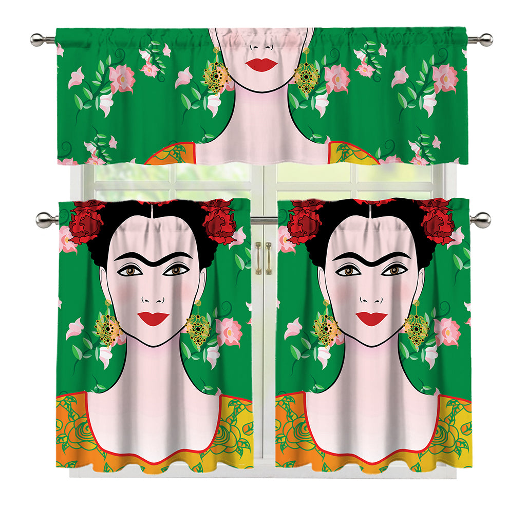 Frida Kahlo And Pink Floral Print 3 Piece Kitchen Curtains