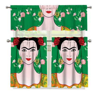 Frida Kahlo And Pink Floral Print 3 Piece Kitchen Curtains