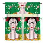 Frida Kahlo And Pink Floral Print 3 Piece Kitchen Curtains