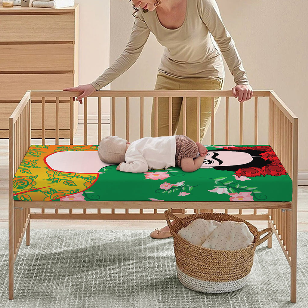 Frida Kahlo And Pink Floral Print Baby Crib Sheet