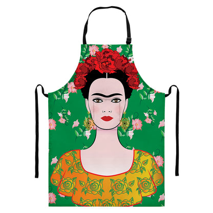 Frida Kahlo And Pink Floral Print Bib Apron With Pocket