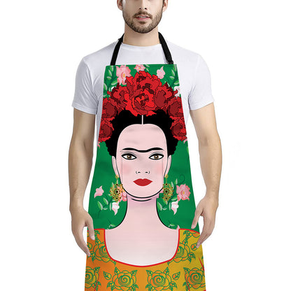Frida Kahlo And Pink Floral Print Bib Apron With Pocket