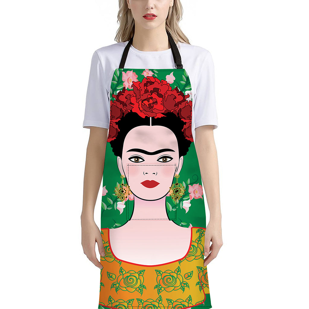 Frida Kahlo And Pink Floral Print Bib Apron With Pocket
