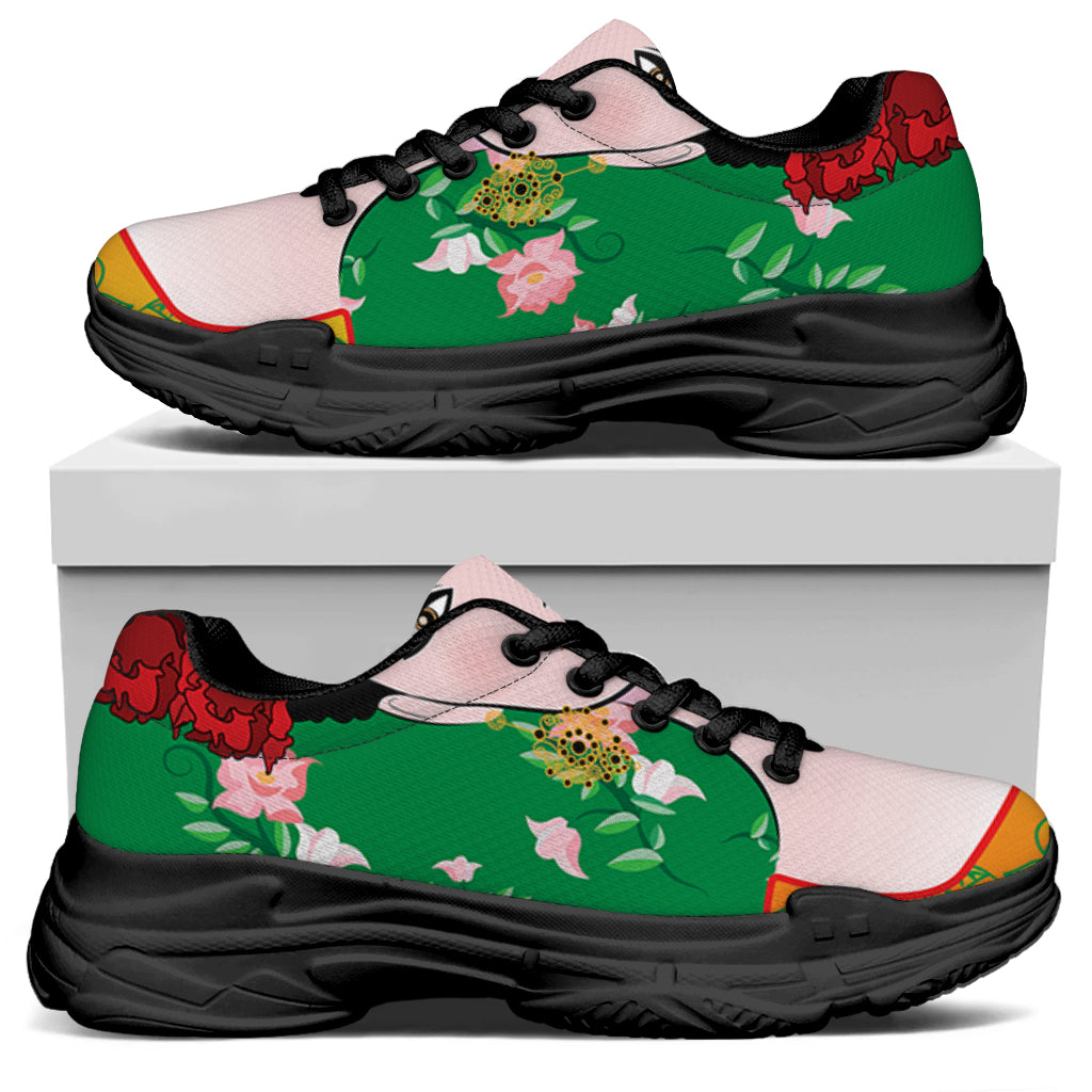 Frida Kahlo And Pink Floral Print Black Chunky Shoes