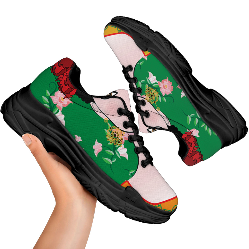 Frida Kahlo And Pink Floral Print Black Chunky Shoes