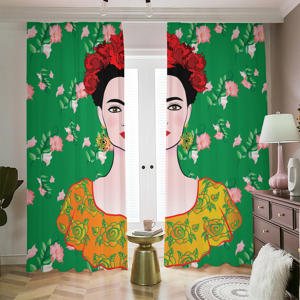 Frida Kahlo And Pink Floral Print Blackout Pencil Pleat Curtains