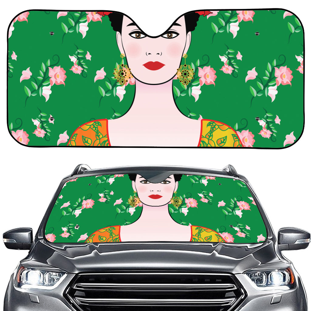 Frida Kahlo And Pink Floral Print Car Windshield Sun Shade