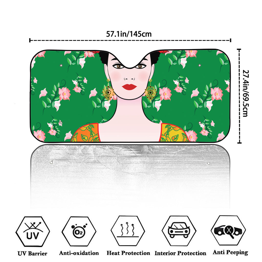 Frida Kahlo And Pink Floral Print Car Windshield Sun Shade