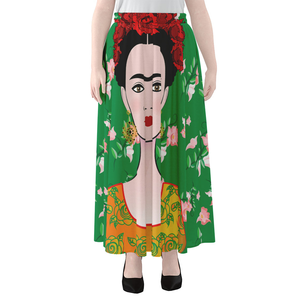Frida Kahlo And Pink Floral Print Chiffon Maxi Skirt