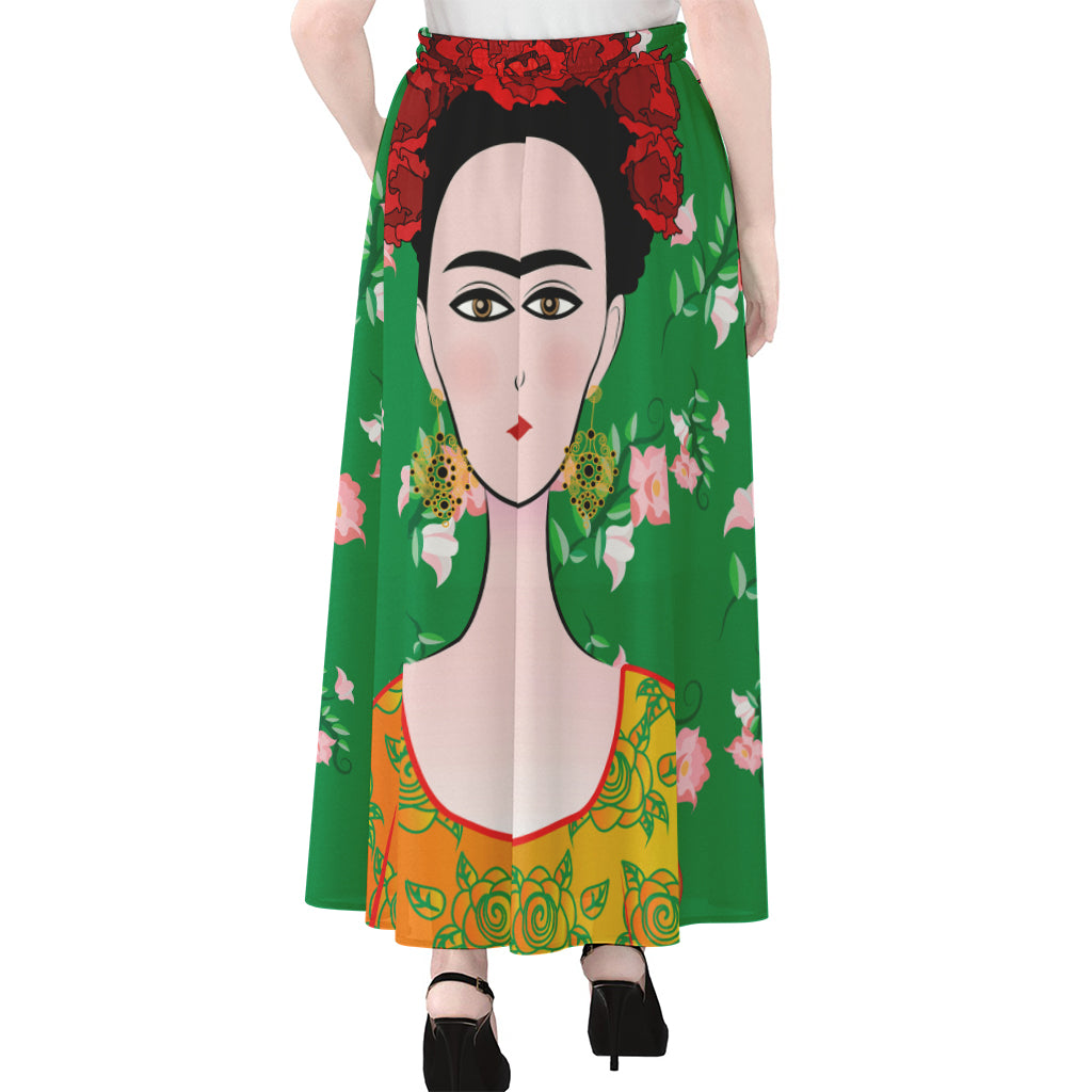 Frida Kahlo And Pink Floral Print Chiffon Maxi Skirt
