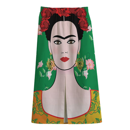Frida Kahlo And Pink Floral Print Cotton Front Slit Maxi Skirt
