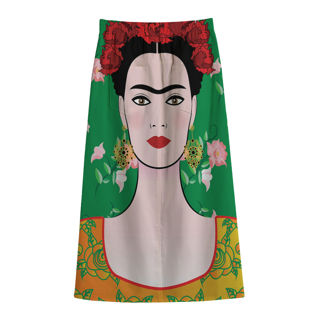 Frida Kahlo And Pink Floral Print Cotton Front Slit Maxi Skirt
