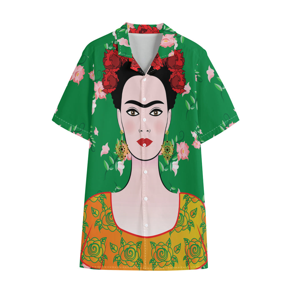 Frida Kahlo And Pink Floral Print Cotton Hawaiian Shirt