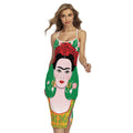 Frida Kahlo And Pink Floral Print Cross Back Cami Dress