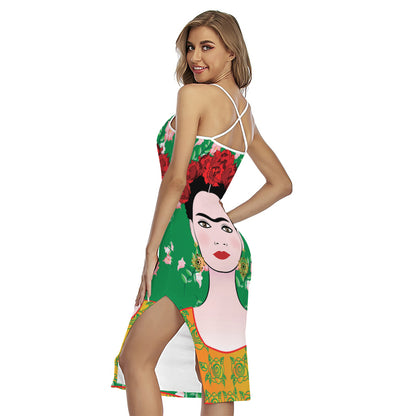 Frida Kahlo And Pink Floral Print Cross Back Cami Dress