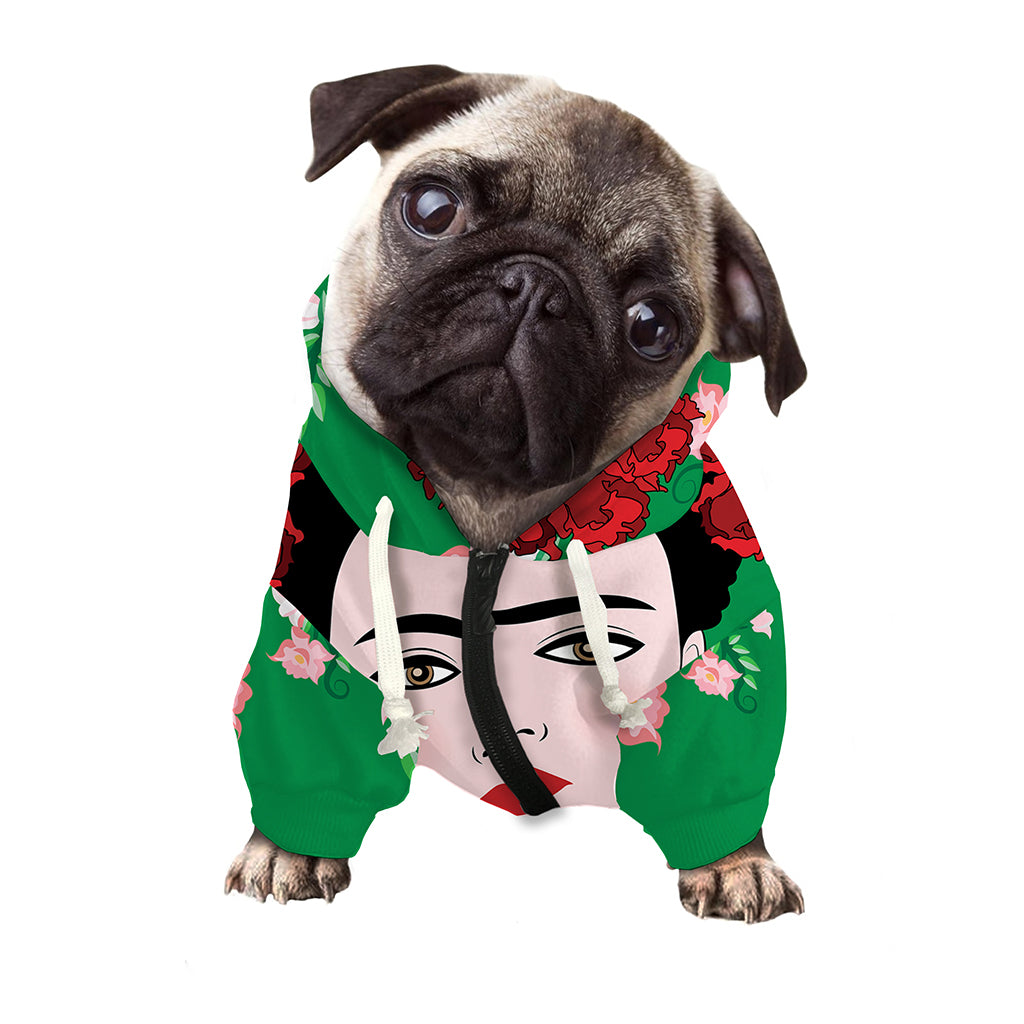 Frida Kahlo And Pink Floral Print Dog Zip Up Hoodie