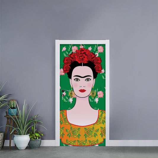 Frida Kahlo And Pink Floral Print Door Sticker