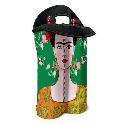 Frida Kahlo And Pink Floral Print Double Neoprene Wine Tote