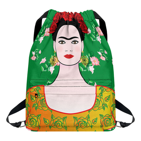 Frida Kahlo And Pink Floral Print Drawstring Backpack
