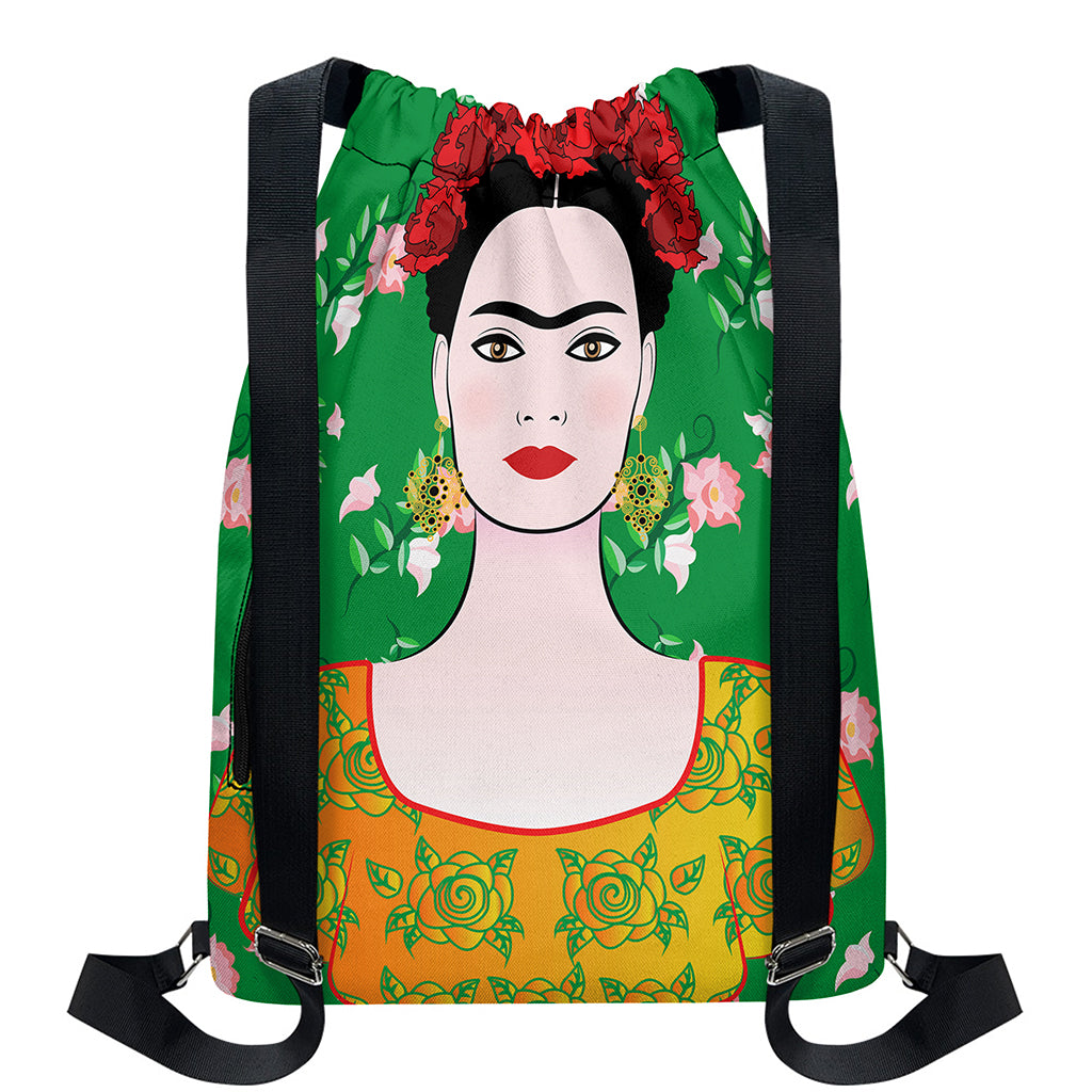 Frida Kahlo And Pink Floral Print Drawstring Backpack