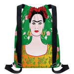 Frida Kahlo And Pink Floral Print Drawstring Backpack