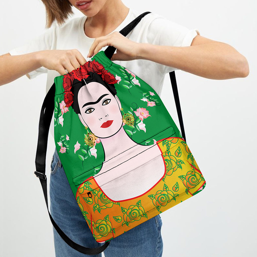 Frida Kahlo And Pink Floral Print Drawstring Backpack