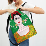 Frida Kahlo And Pink Floral Print Drawstring Backpack