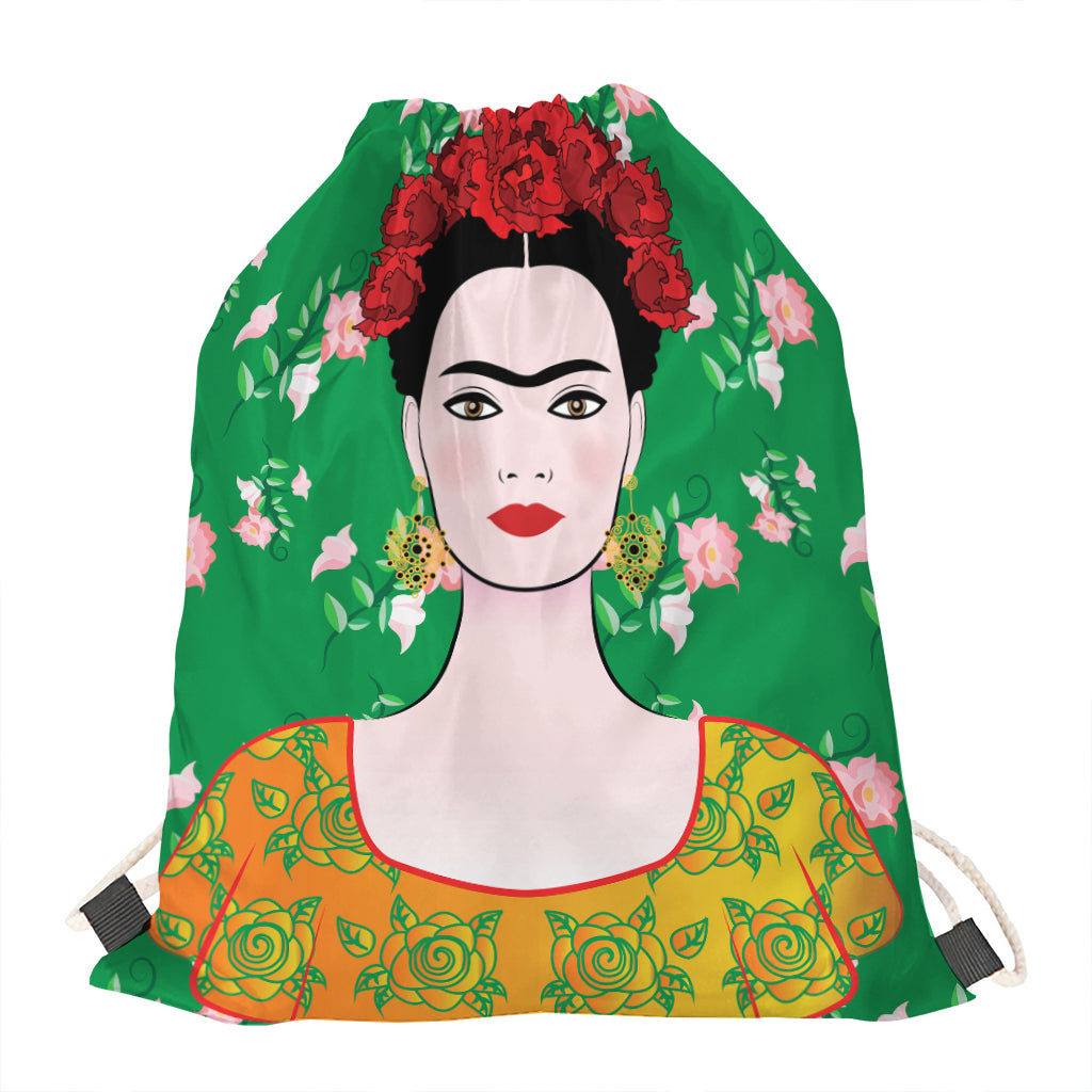 Frida Kahlo And Pink Floral Print Drawstring Bag