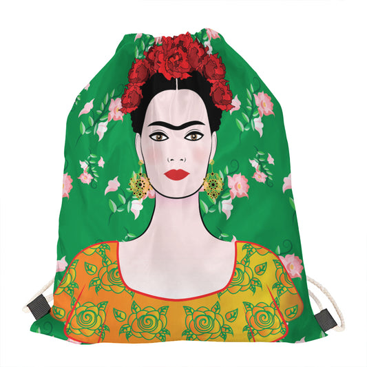 Frida Kahlo And Pink Floral Print Drawstring Bag