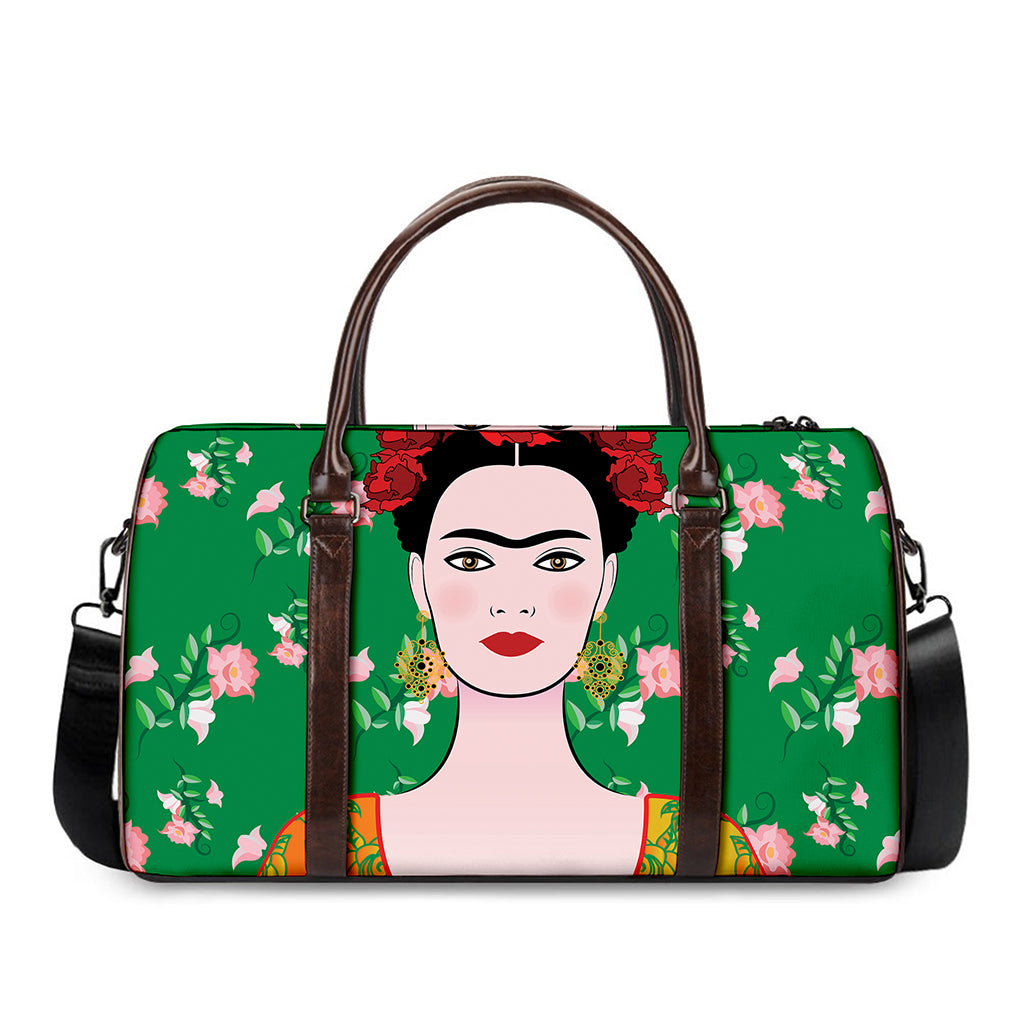 Frida Kahlo And Pink Floral Print Duffle Bag