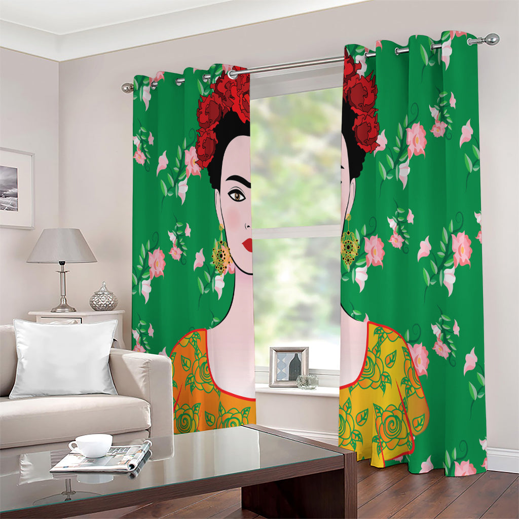 Frida Kahlo And Pink Floral Print Extra Wide Grommet Curtains