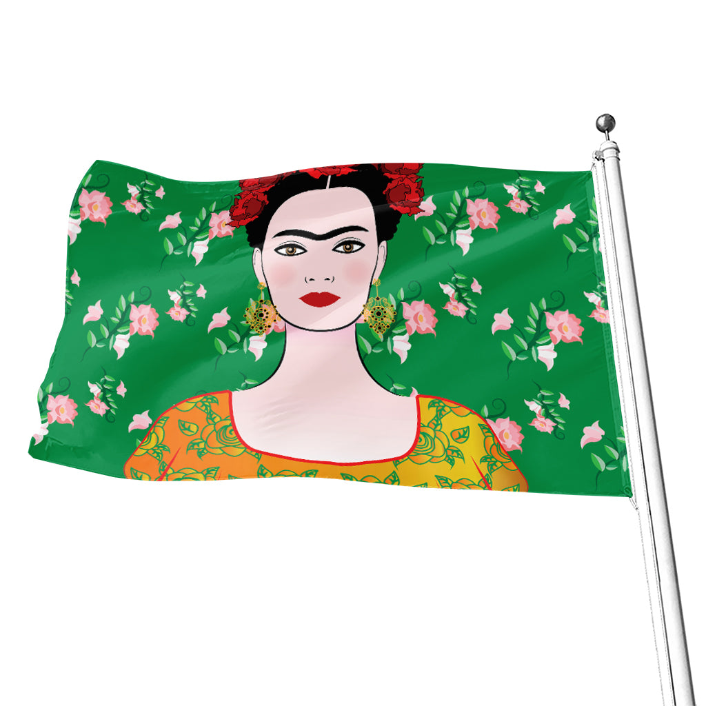 Frida Kahlo And Pink Floral Print Flag