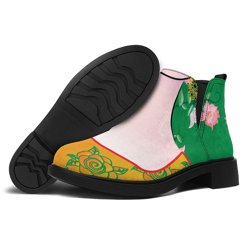 Frida Kahlo And Pink Floral Print Flat Ankle Boots