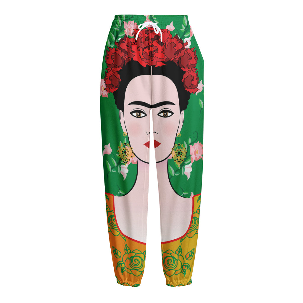 Frida Kahlo And Pink Floral Print Fleece Lined Knit Pants