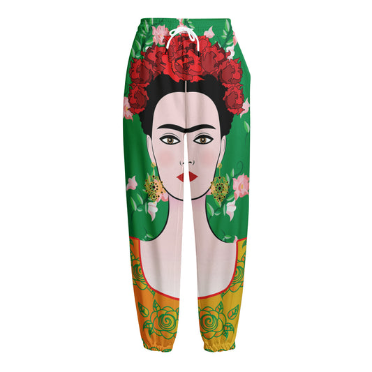 Frida Kahlo And Pink Floral Print Fleece Lined Knit Pants