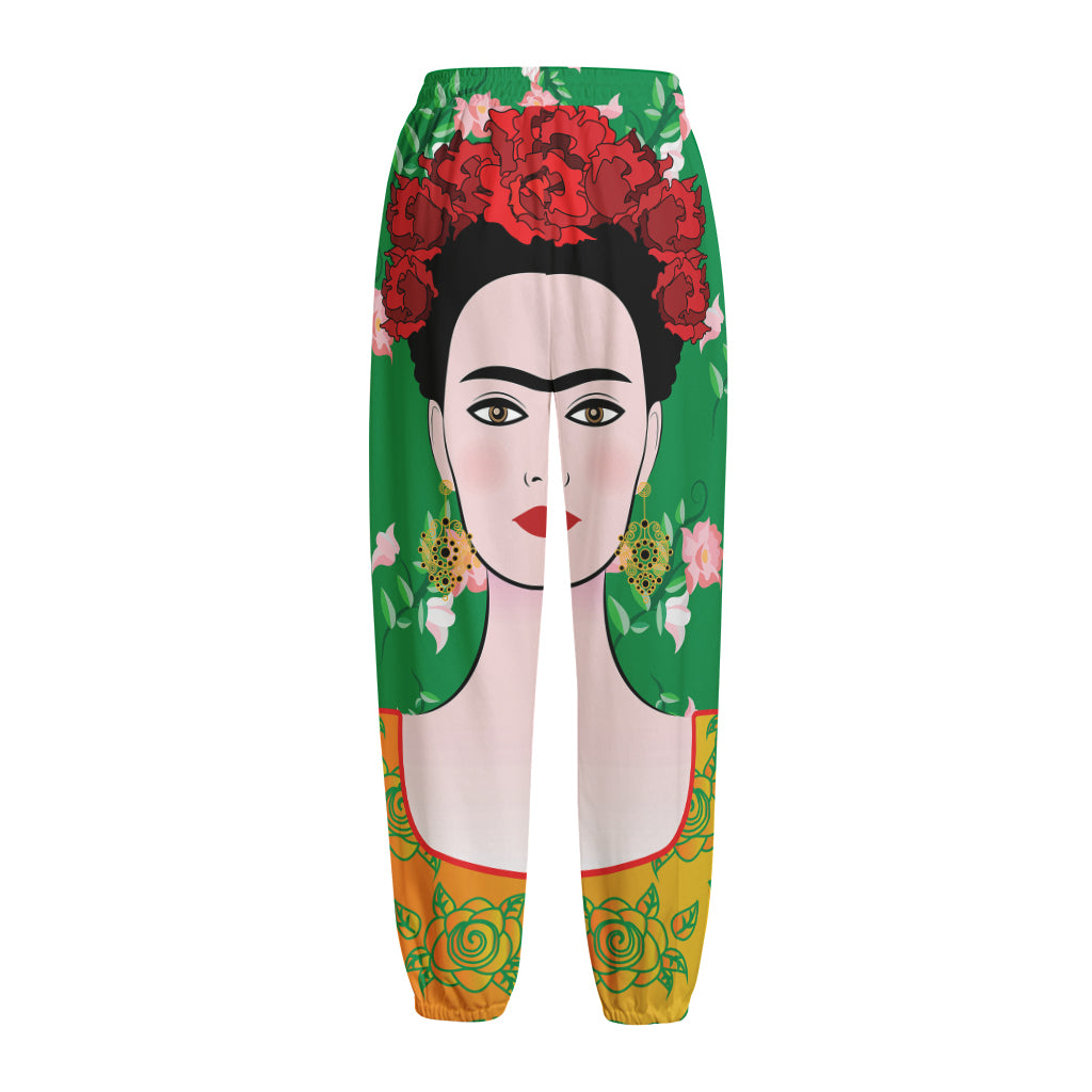 Frida Kahlo And Pink Floral Print Fleece Lined Knit Pants