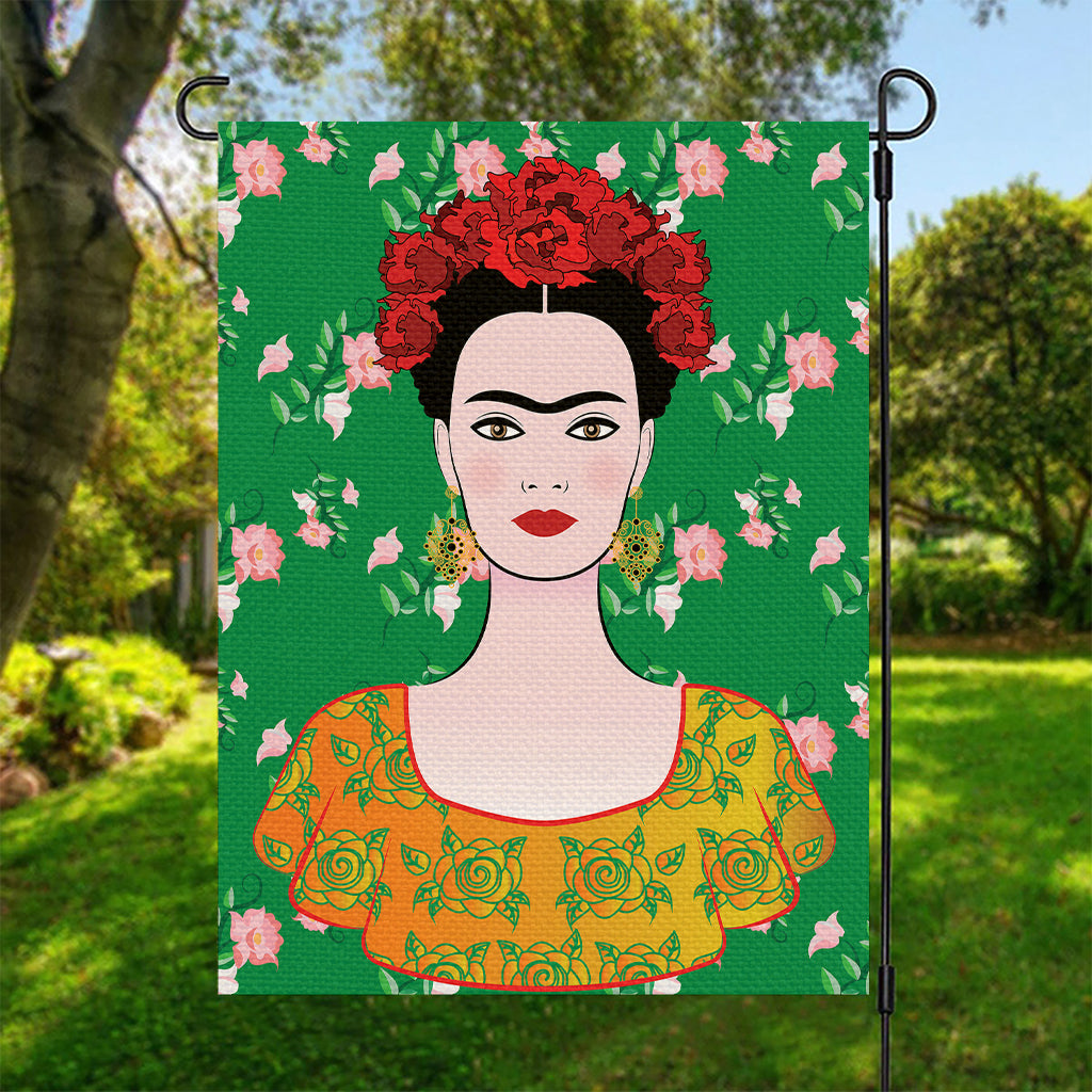 Frida Kahlo And Pink Floral Print Garden Flag