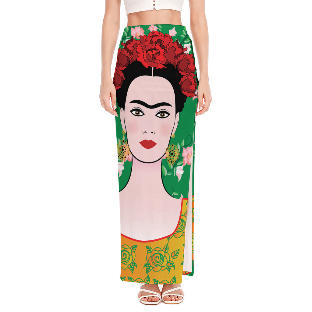 Frida Kahlo And Pink Floral Print High Slit Maxi Skirt