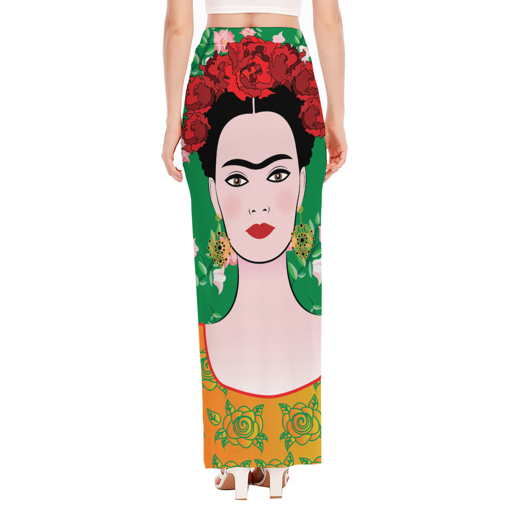 Frida Kahlo And Pink Floral Print High Slit Maxi Skirt